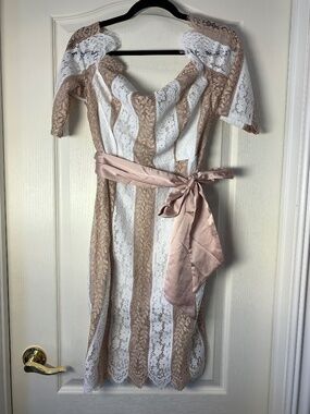 Clocolor Romantic Lace Dress Off Shoulder Wedding Guest Cruise Chic White Tan XL